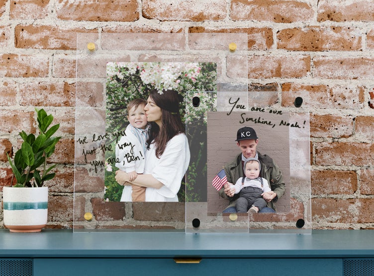 floating frames featuring family photos resting on dresser