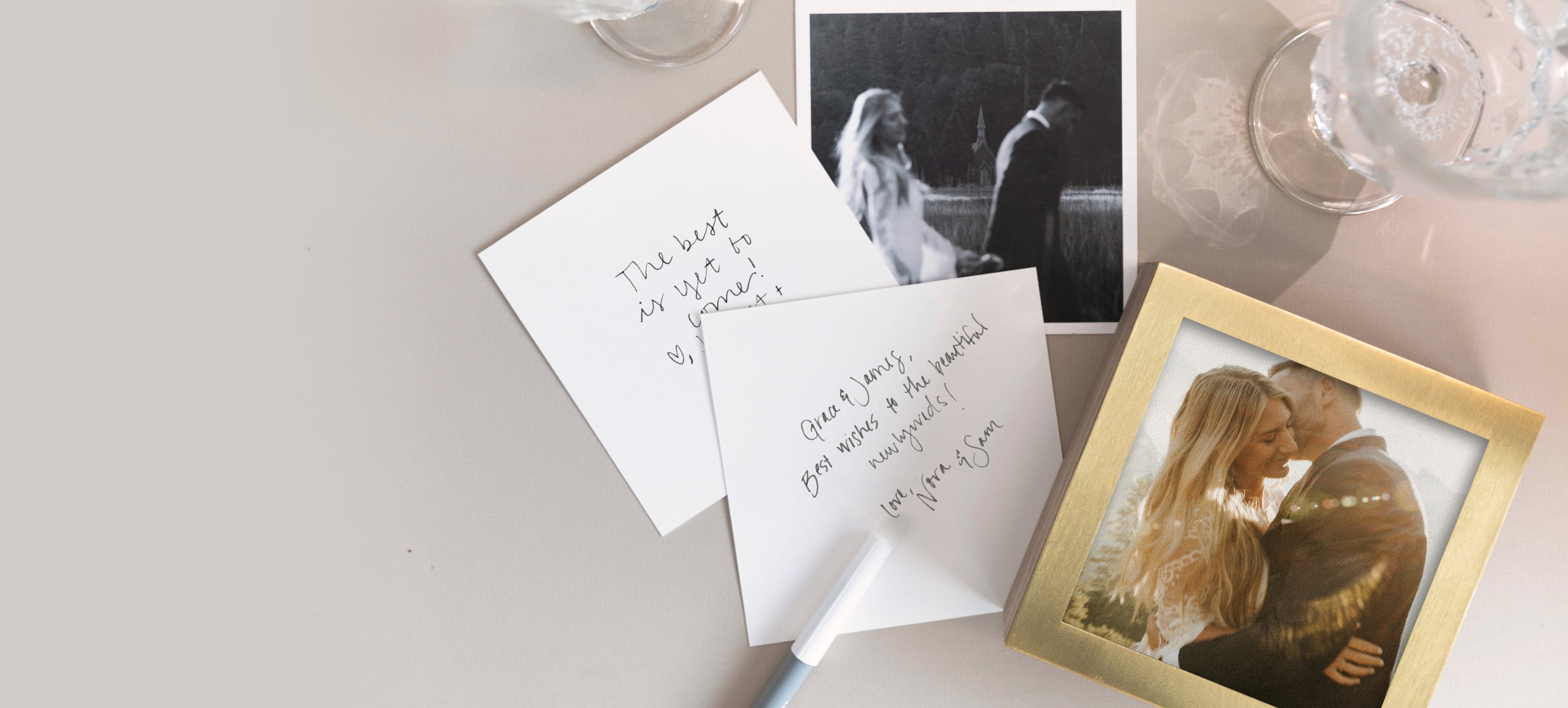 Brass & Wood Display Box featuring photo prints with sentimental note written on back of photo print