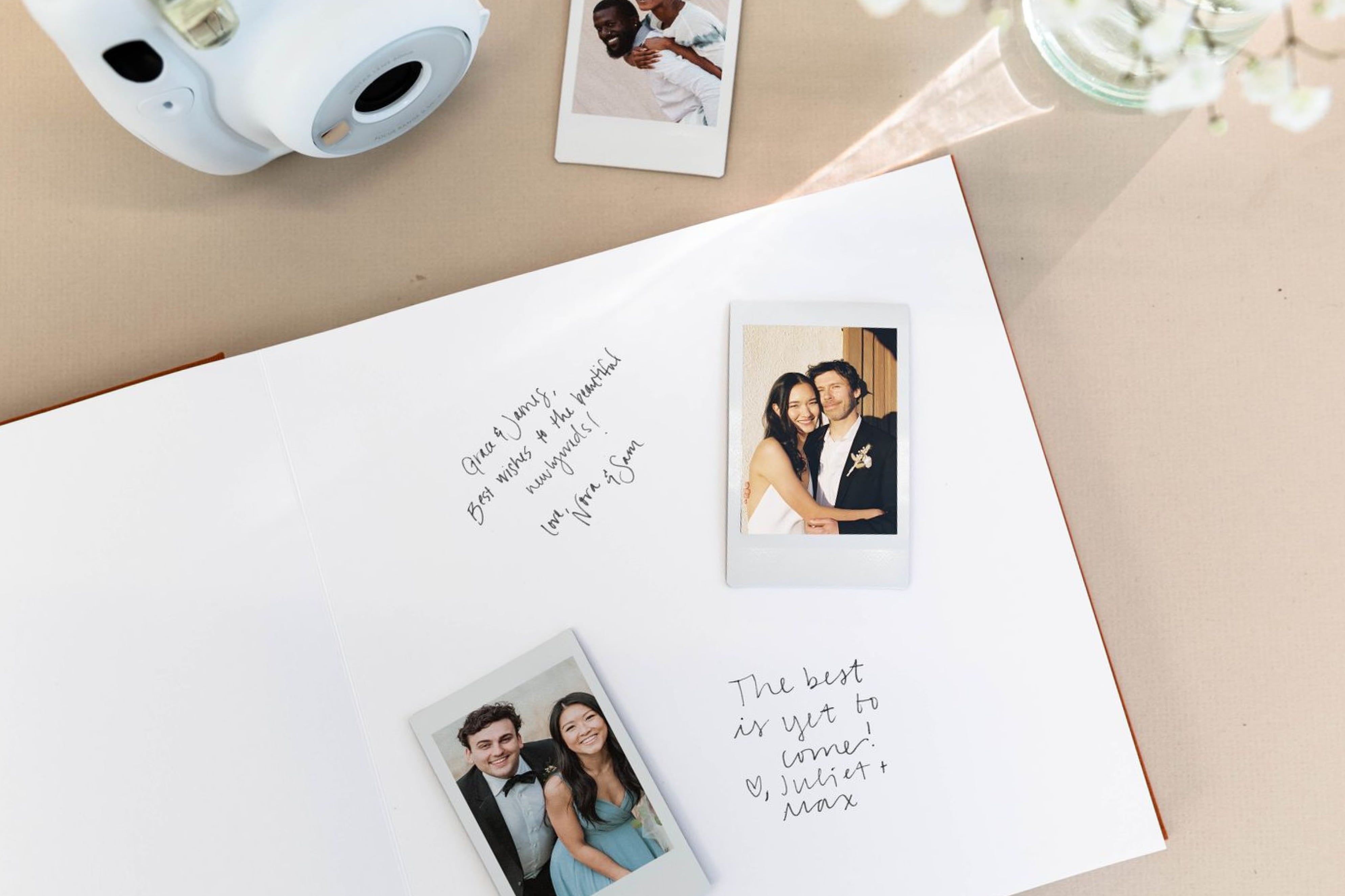 Open Photo Strip Guest Book featuring custom Polaroid photos pasted in Photo Strip Guest Book with handwritten notes